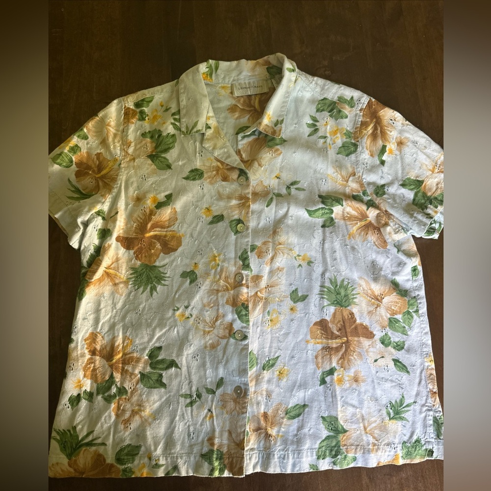 LEMON GRASS Top Large Hawaii Tropical Floral Button Travel Blouse‎ Lemongrass
